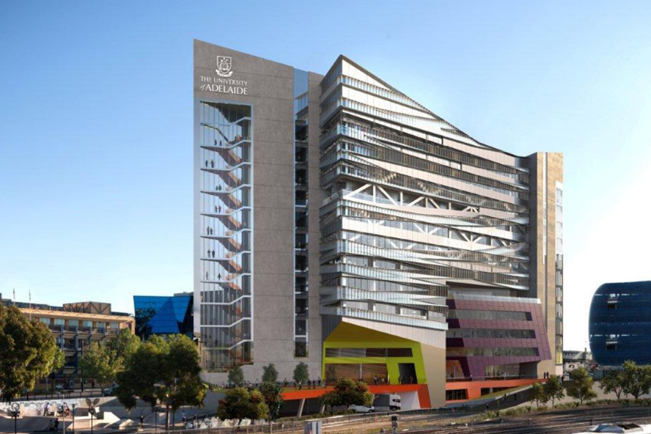 An impression of the new University of Adelaide medical school. The easement for a future subway is beneath the green entrance at the centre of the building.