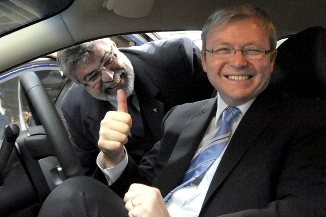 Prime Minister Kevin Rudd and Industry Minister Kim Carr in 2008 after announcing an automotive industry support package.
