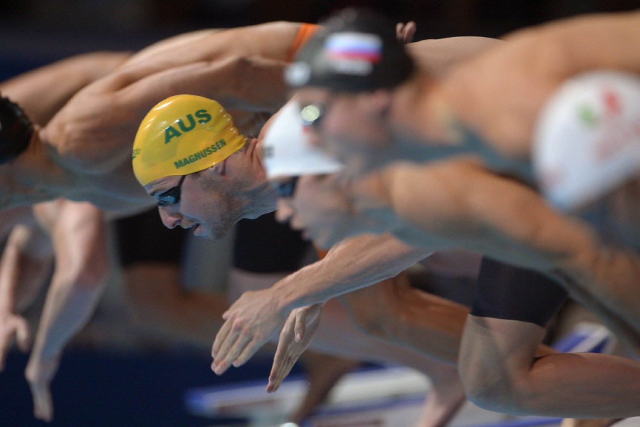 James Magnussen leaves the blocks at the start of the men's 100-metre freestyle semi-final.