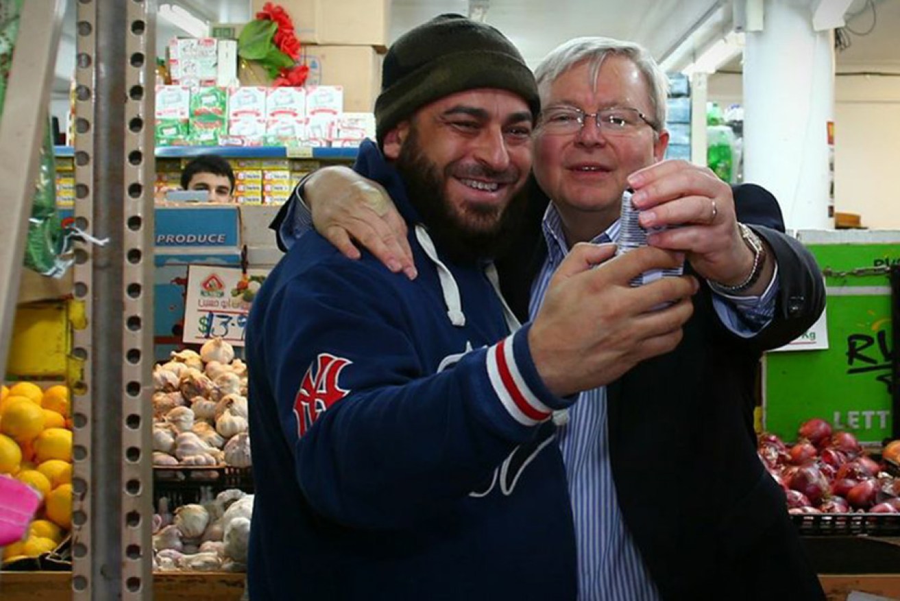 A double selfie for Kevin Rudd on the campaign trail in Parramatta.