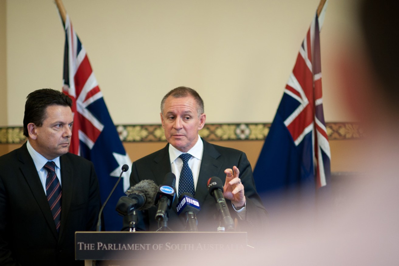 Nick Xenophon (left) and Jay Weatherill at a joint media conference yesterday.