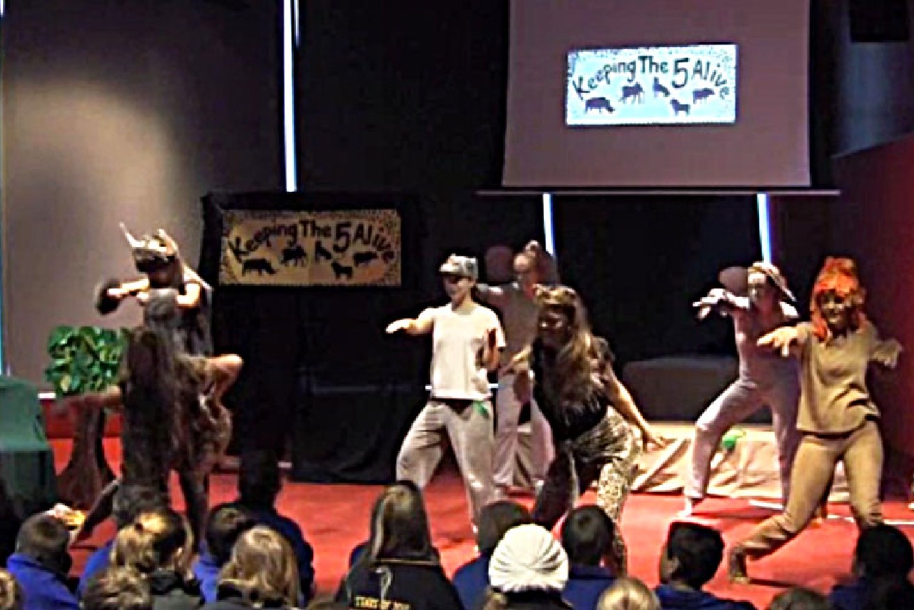 Flinders pre-service teachers performing to primary school students at Adelaide Zoo