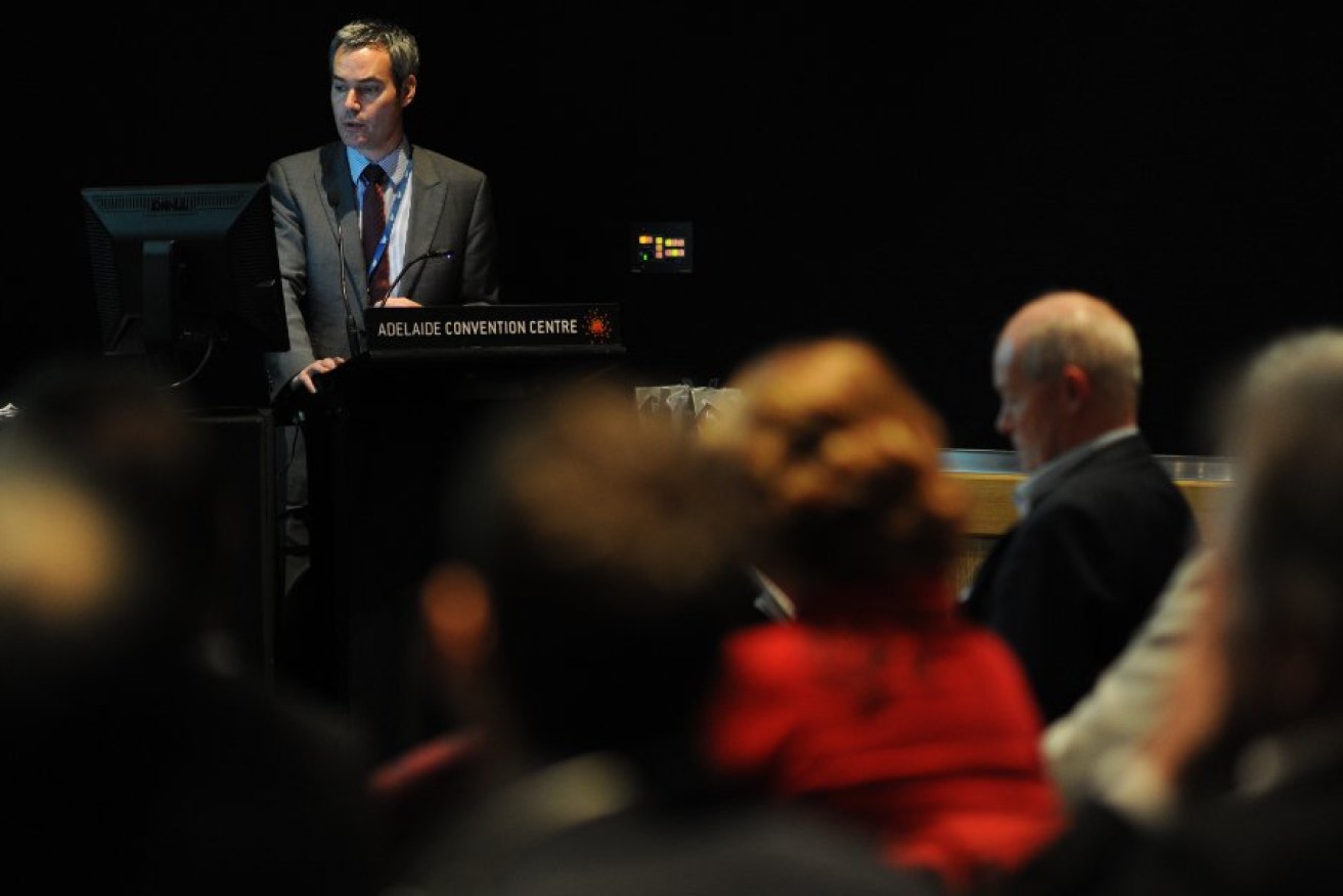 David O'Loughlin gives a speech at the Adelaide Convention Centre. Photo: Nat Rogers / InDaily