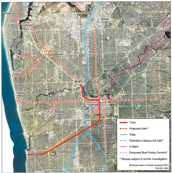 The Transport Plan's map of the five proposed tram routes