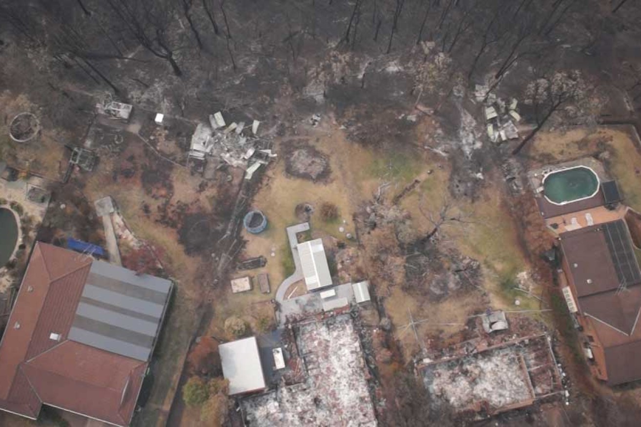 An image taken by a drone of the aftermath of the devastating bushfires over Single Ridge Road, Yellow Rock, in the Blue Mountains last week.