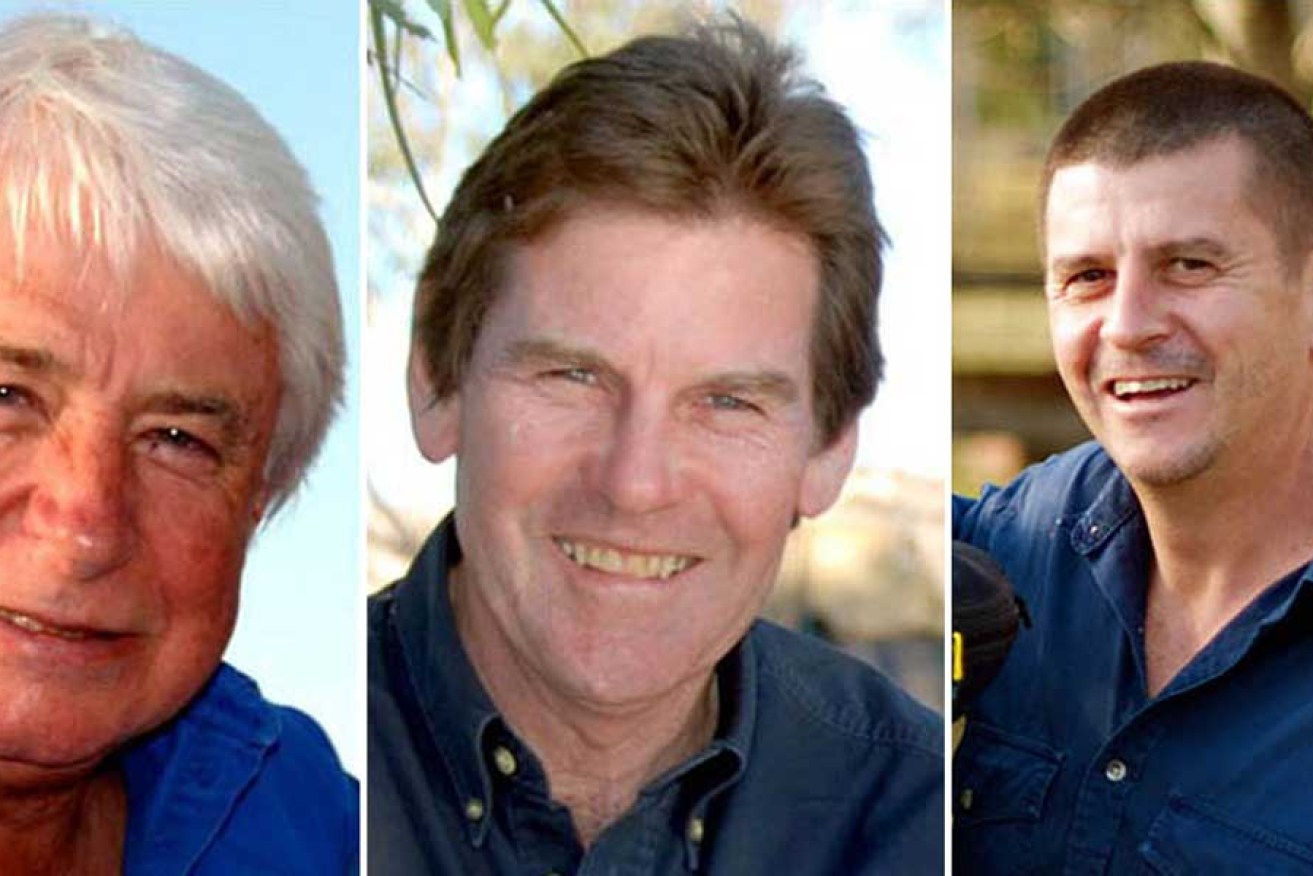 From left: ABC pilot Gary Ticehurst, veteran ABC reporter Paul Lockyer and cameraman John Bean, who died when their helicopter came down near Lake Eyre in South Australia in August 2011.