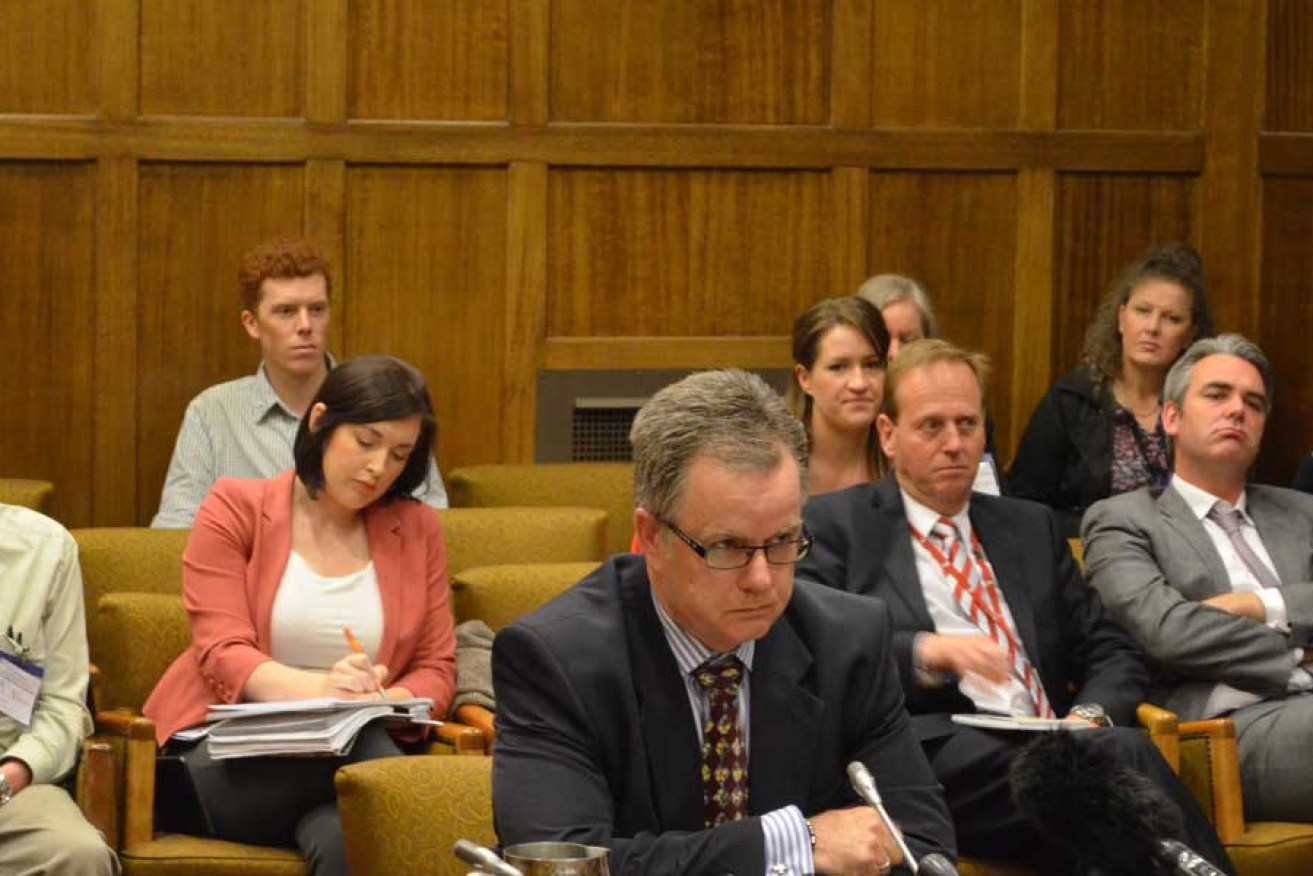 Craig Stevens (centre) appearing before the Upper House committee this morning.