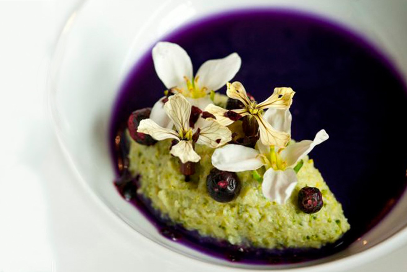 Hentley Farm restaurant's creamed broccoli with warmed red cabbage juice. 