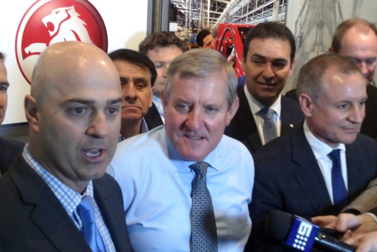 Holden's Mike Devereux with Federal Industry Minister Ian McFarlane and Premier Jay Weatherill
