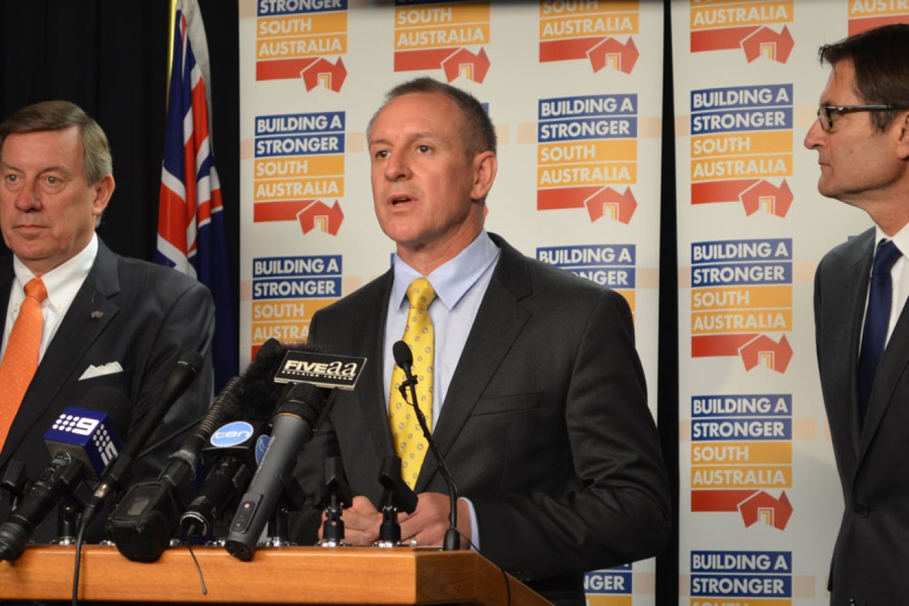Jay Weatherill (centre) announcing his post-Holden jobs plan yesterday.