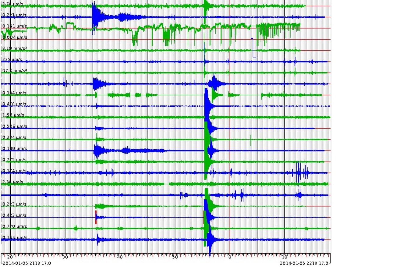 An image purportedly of South Australia's seismograph network readings from this morning. Source: http://earthquakes.mappage.net.au