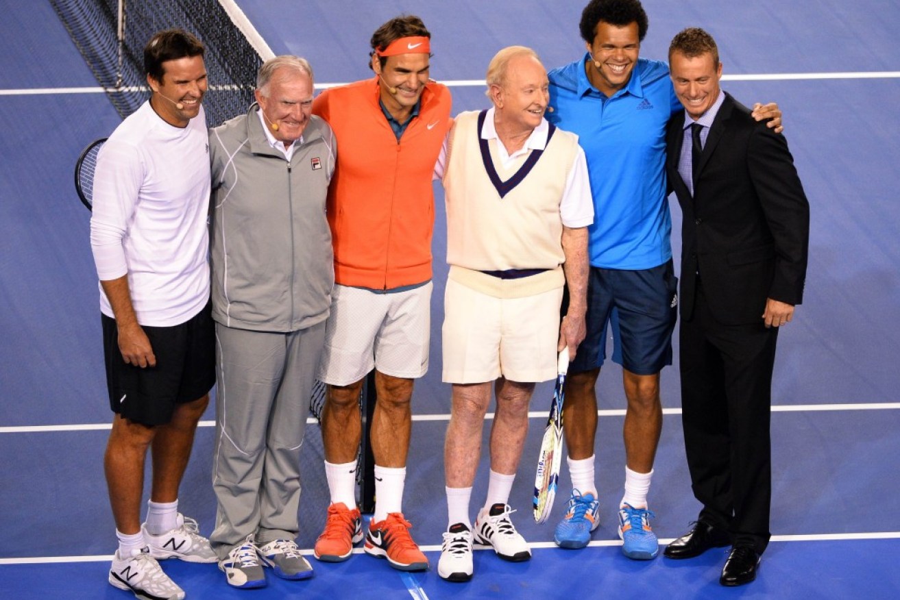 Roger Federer with tennis greats Pat Rafter (L), Tony Roche, Rod Laver, Jo Wilfred Tsonga and Lleyton Hewitt
