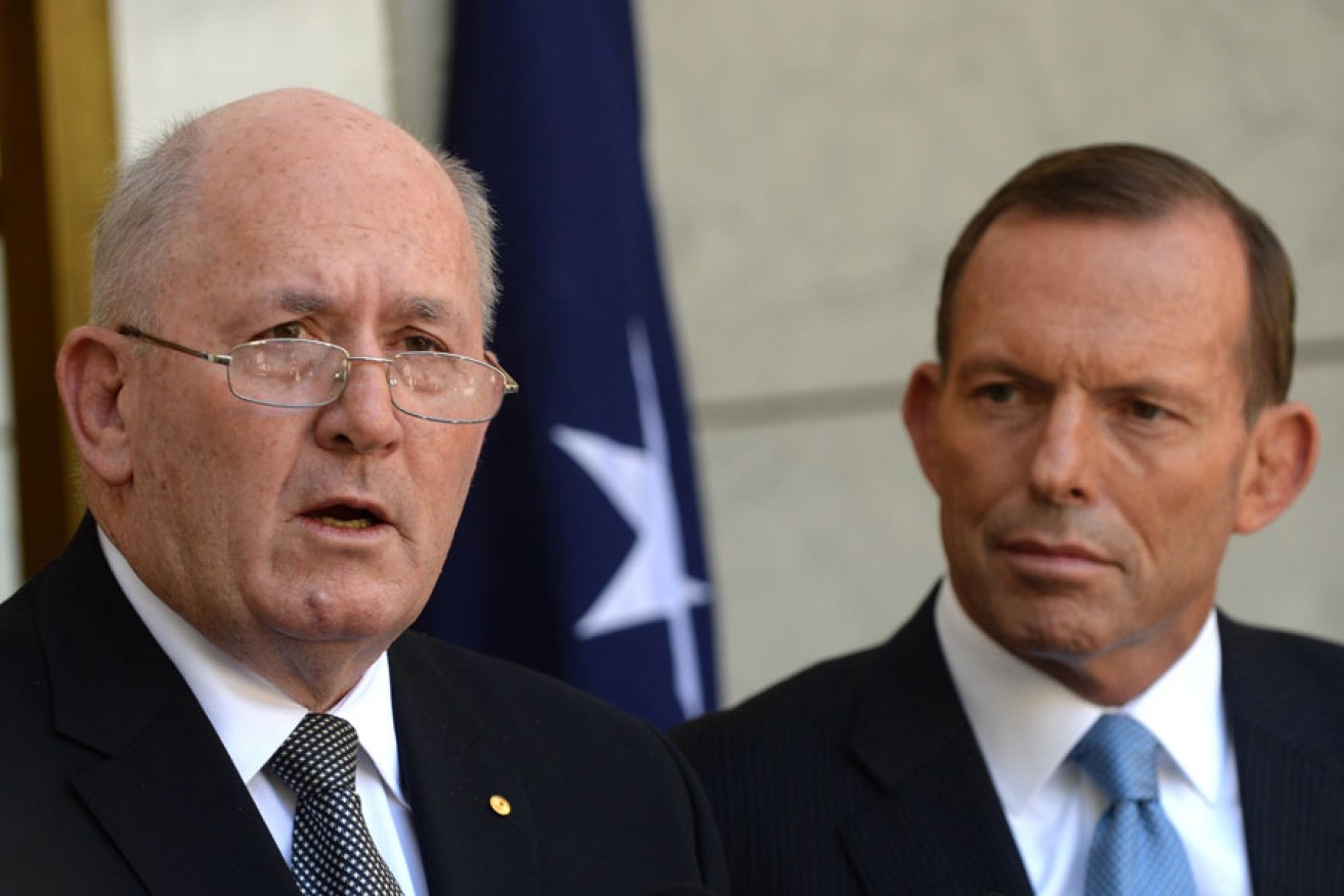 Peter Cosgrove (left) with Prime Minister Tony Abbott at today's announcement in Canberra.