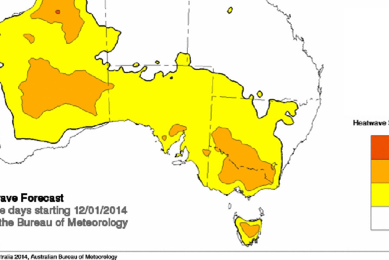 This Bureau of Meteorology map shows heatwave conditions over much of western and south-eastern Australia.