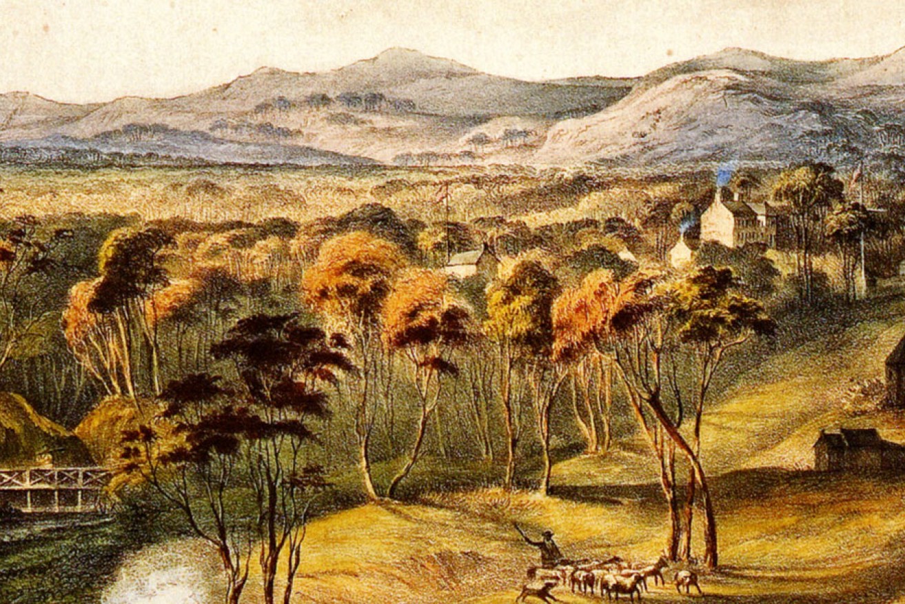 Detail from an E.A. Opie painting showing the position of the first bridge over the Torrens. North Tce is on the right and Government House can also be seen. Image courtesy State Library of South Australia and Francis Edwards Ltd.