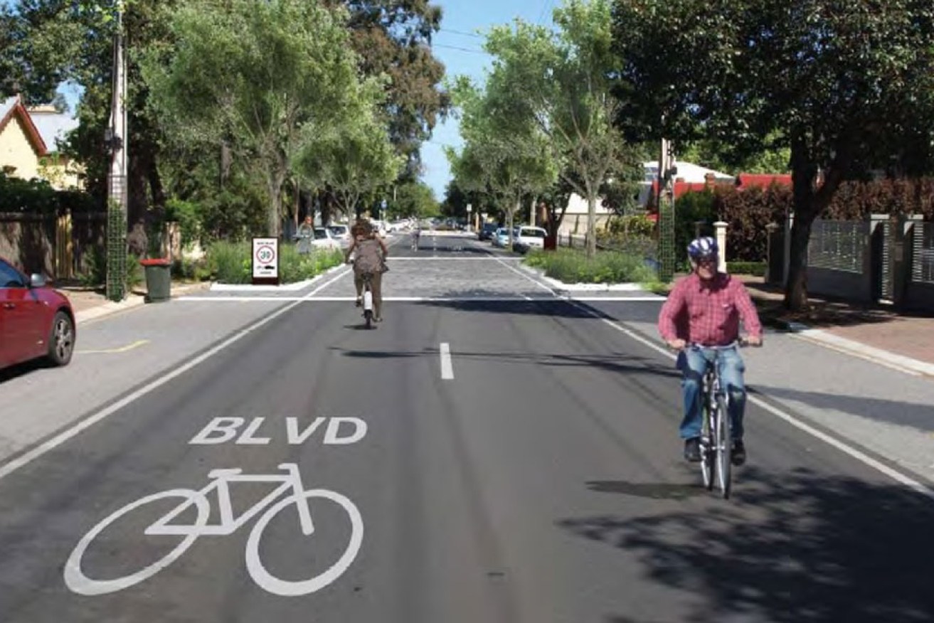An artist's impression (by Oxigen) of what the Beulah Rd bicycle boulevard might look like. Taken from the Norwood, Payneham & St Peters Council bike plan.