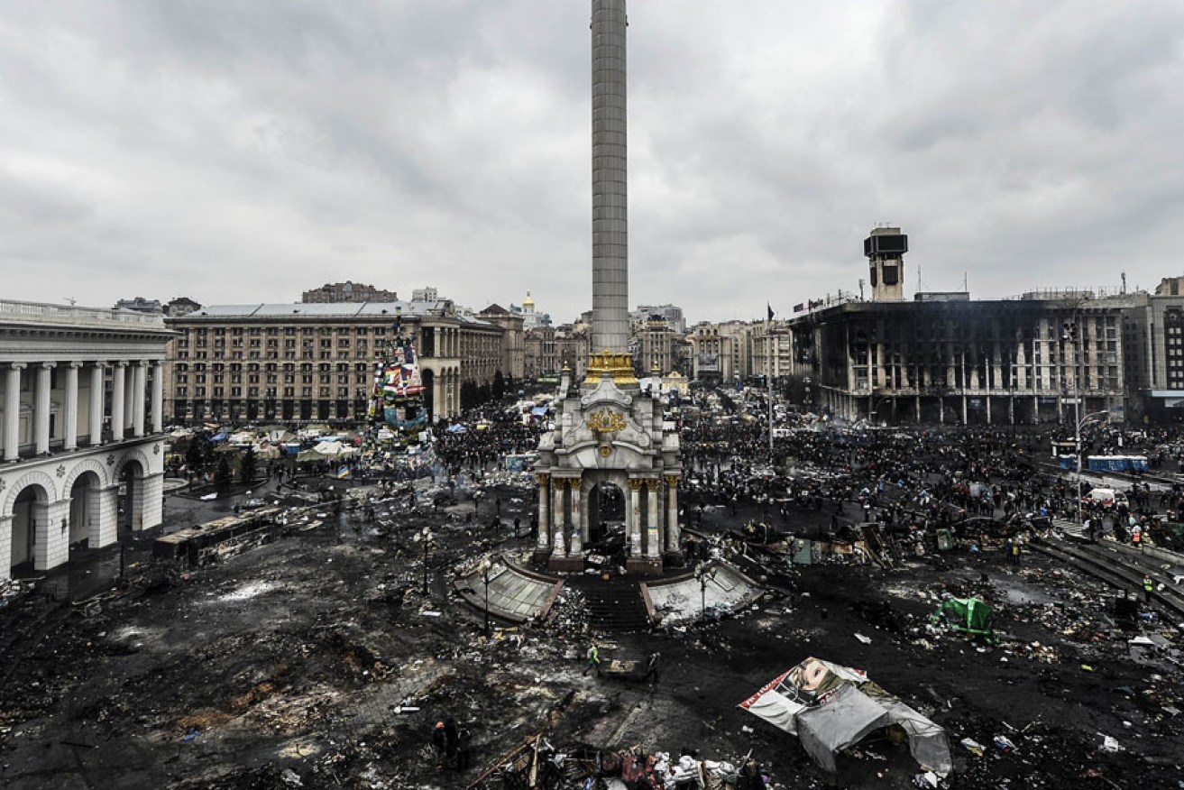 Kiev's independence square during a face off between protesters and heavily-armed police on February 20.