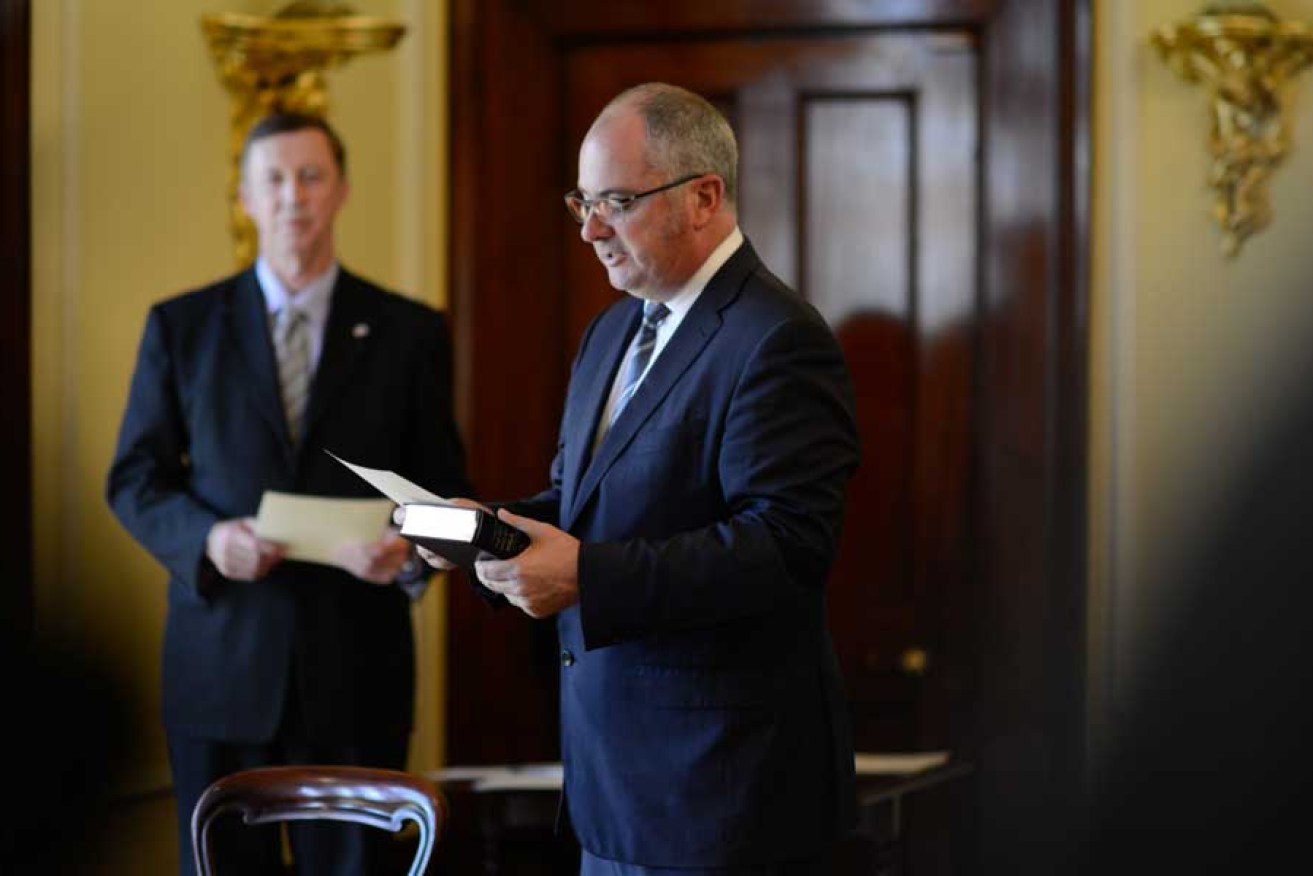 New agriculture minister Leon Bignell being sworn in on Wednesday. Photo: Nat Rogers/InDaily
