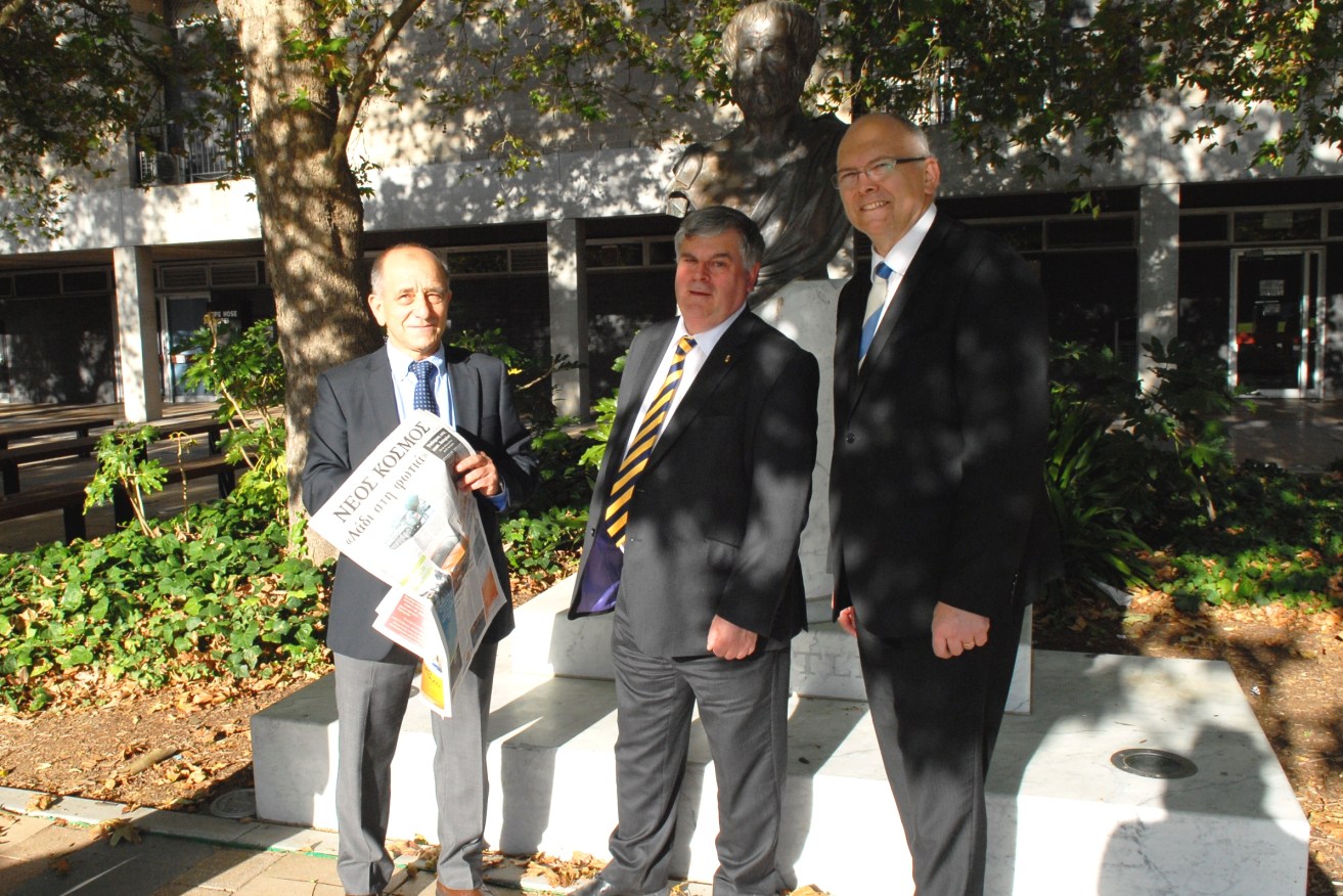 Shadow Minister for Education David Pisoni (right), with Professor Michael Tsianikas (left) and Professor Richard Maltby, Executive Dean, EHL, at Flinders University last night. 
