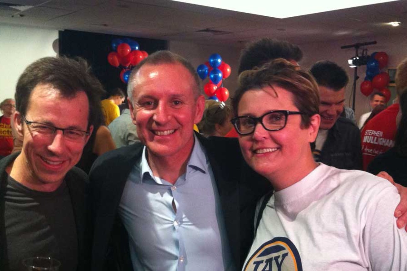Simon Blewett (left) with Jay Weatherill and media adviser Bronwyn Hurrell on election night.