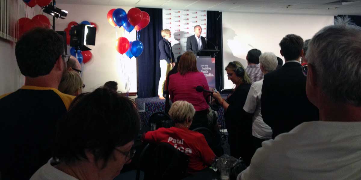 Jay Weatherill addressing the Labor crowd at West Adelaide Football Club.