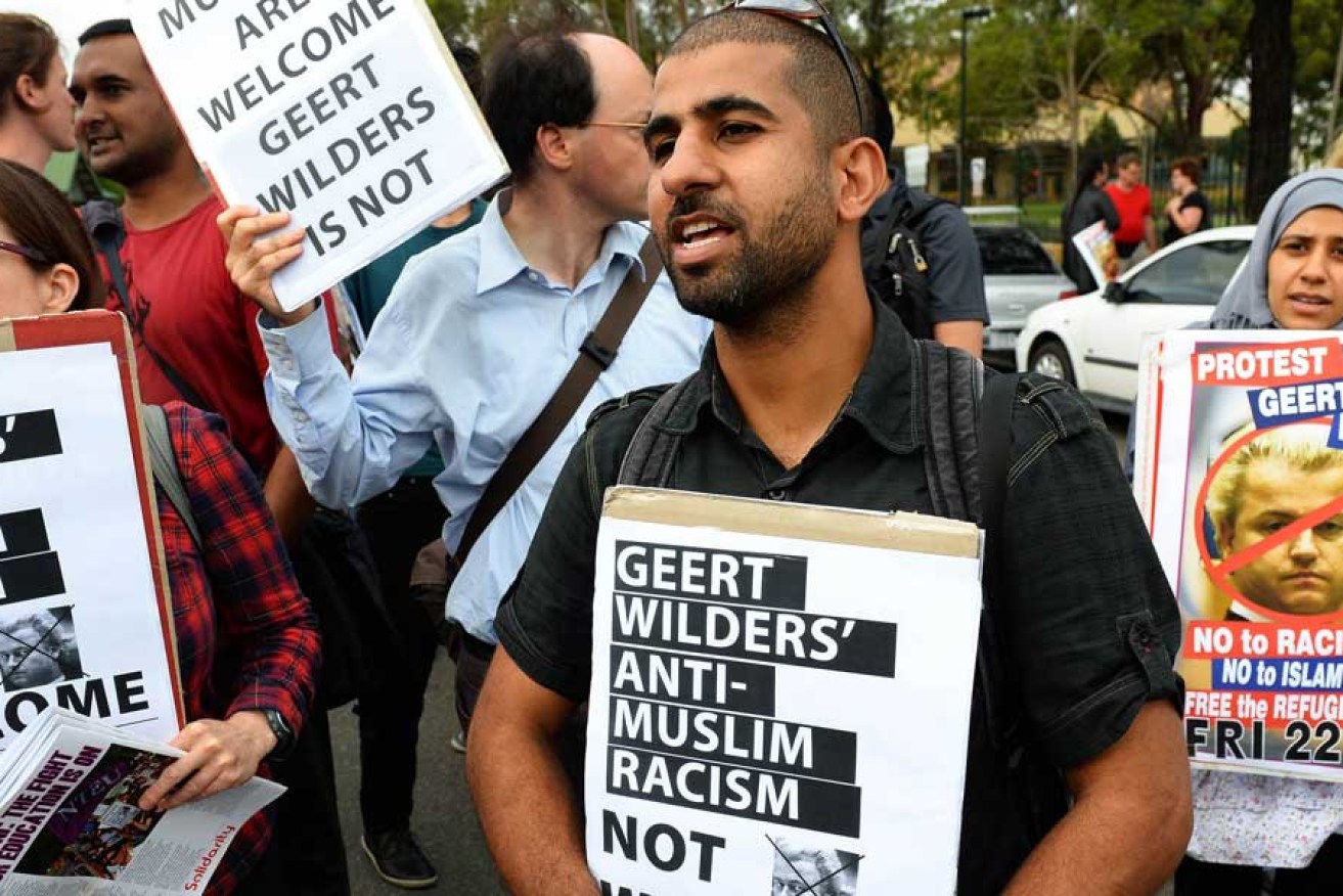 Protesters outside a Sydney venue where right-wing Dutch MP Geert Wilders delivered a speech to the Q Society of Australia in February 2013. 