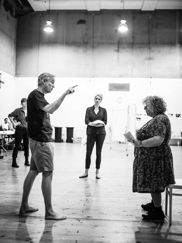 Julian Meyrick with Miriam Margolyes and other cast members in rehearsals for Neighbourhood Watch. Photo: James Hartley