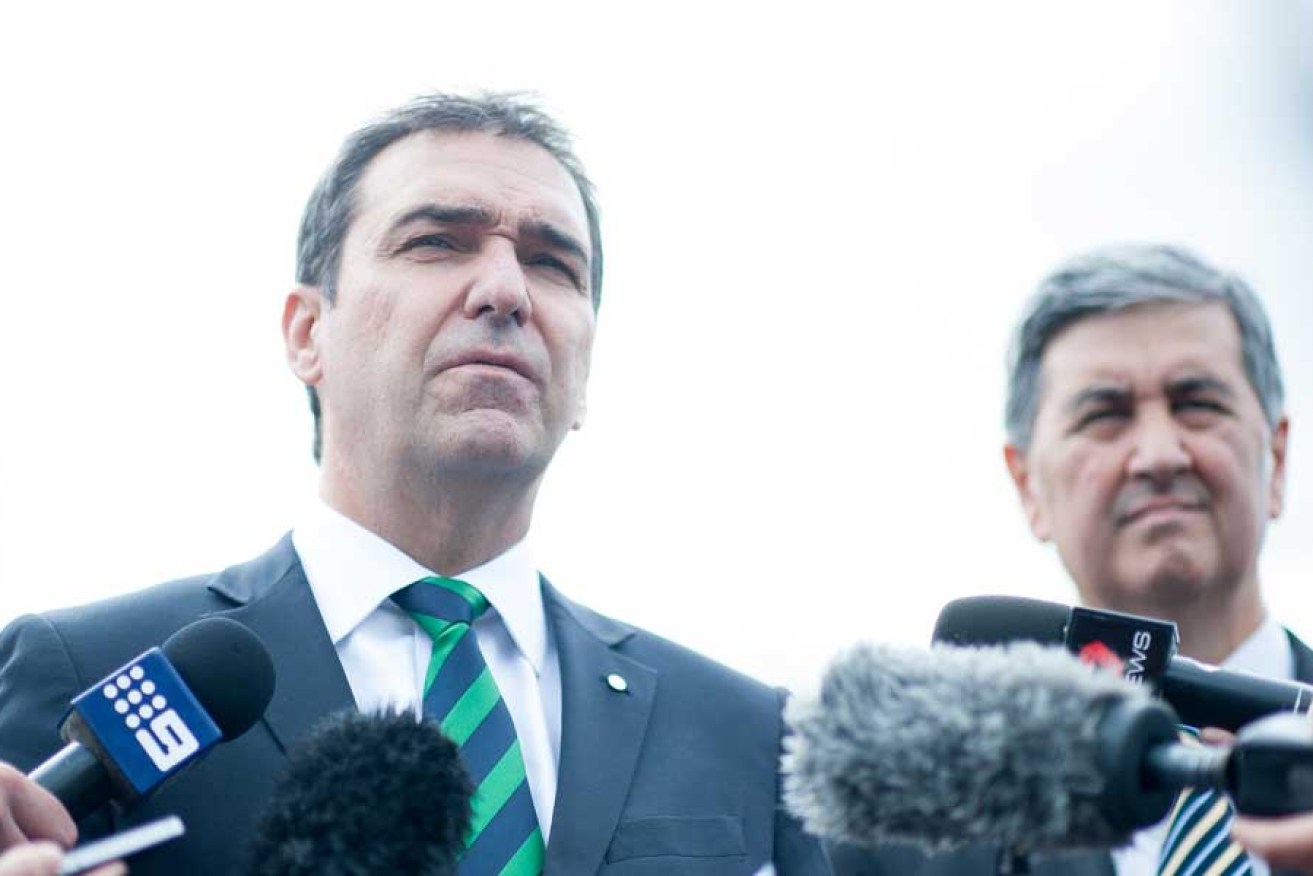 Steven Marshall during the election campaign with senior frontbencher Rob Lucas. Photo: Nat Rogers/InDaily