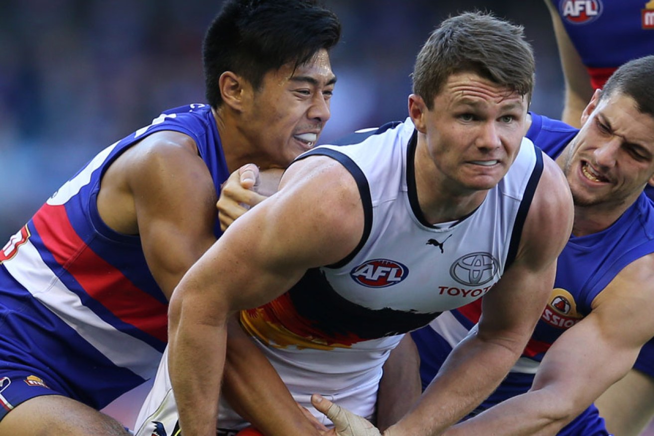 Crow Patrick Dangerfield in action yesterday against the now-not-so-hated Western Bulldogs.