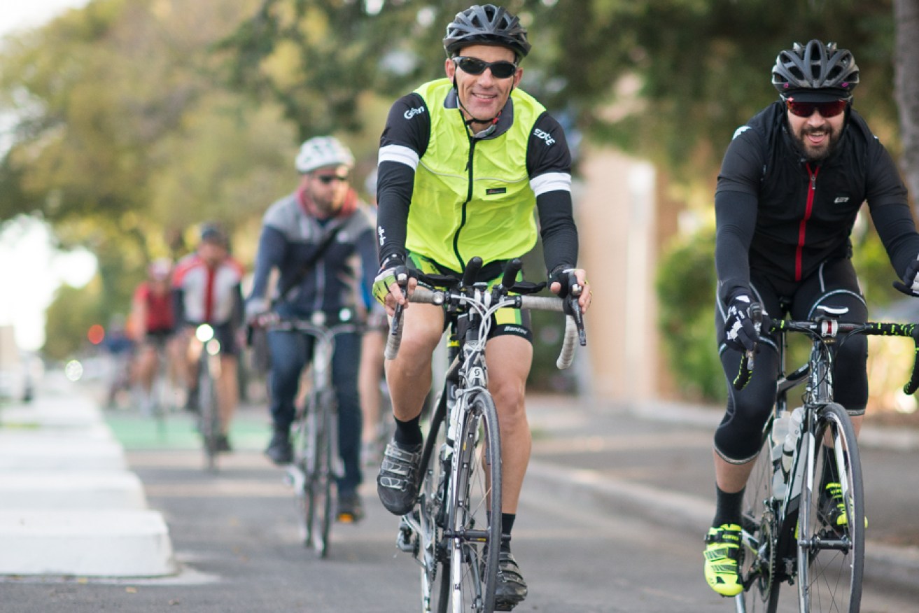 Cyclists rode the new Frome Street bike lanes this morning in a show of support for the infrastructure. Photo: Nat Rogers/InDaily