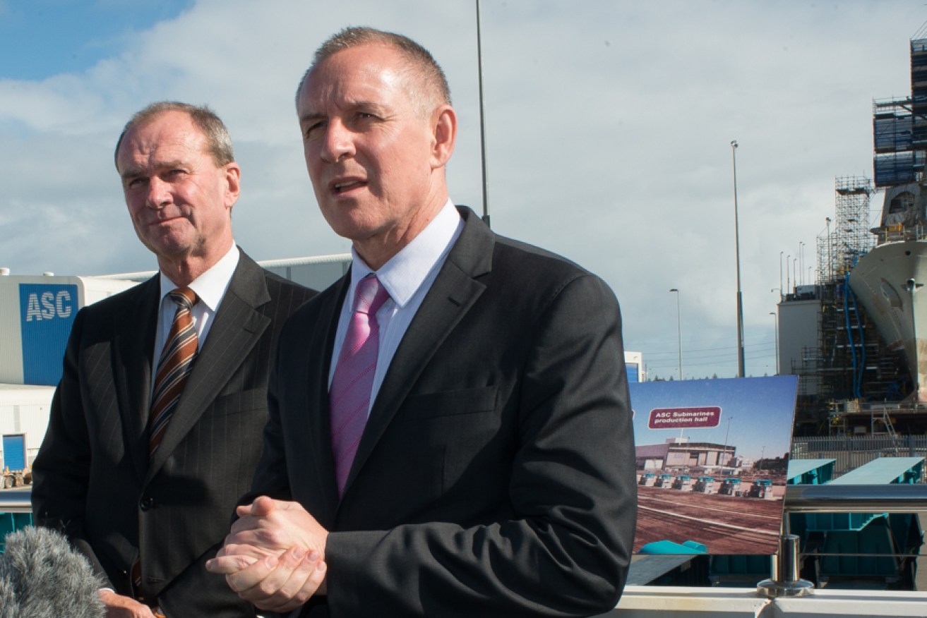 Martin Hamilton-Smith and Jay Weatherill at Techport yesterday. Photo: Nat Rogers/InDaily