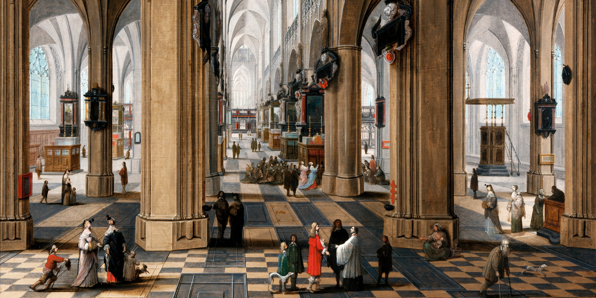Peeter Neefs the Elder and Frans Francken II A church interior with elegant figures strolling and figures attending mass c.1630s, Antwerp oil on wood panel.
