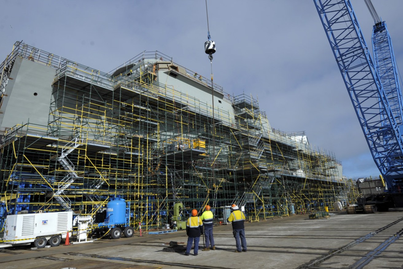 Work on the HMAS Hobart at the Adelaide construction site. Photo: AAP