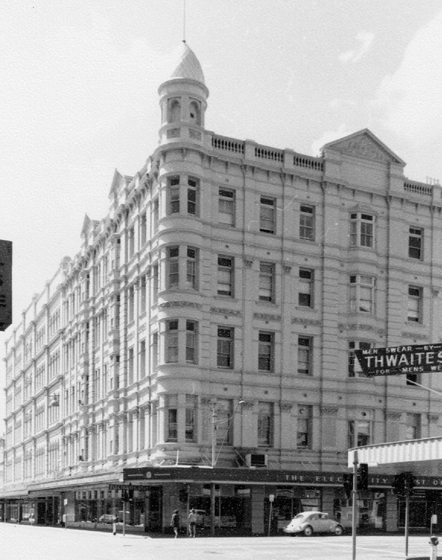 The Grand Central Hotel was replaced with a carpark on the corner of Rundle and Pulteney Streets.