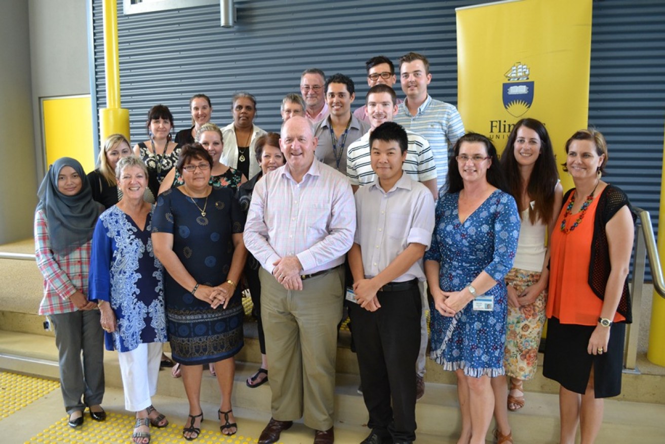 L-R front row: Siti Hajar Razak (medical student), Fay Miller (Mayor of Katherine Town Council), Monica Barolits-McCabe (Flinders NT Manager), Governor-General Sir Peter Cosgrove, Felix Ho (medical student), Louise Harwood (medical educator), Hayley Jackson (administrative officer) and Kylie Stothers (lecturer).