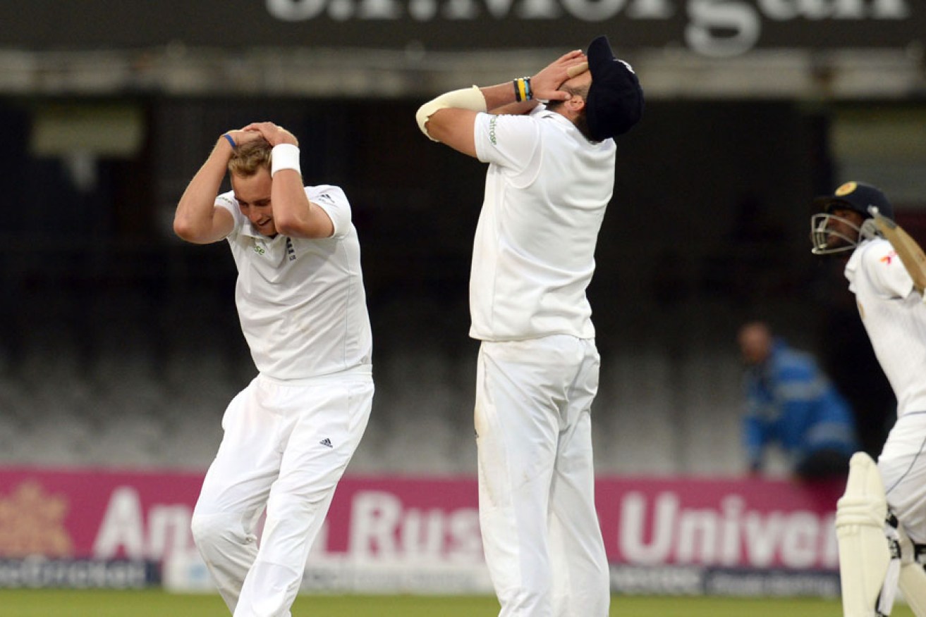England's Stuart Broad and Liam Plunkett react as Sri Lanka hang on to draw the match.