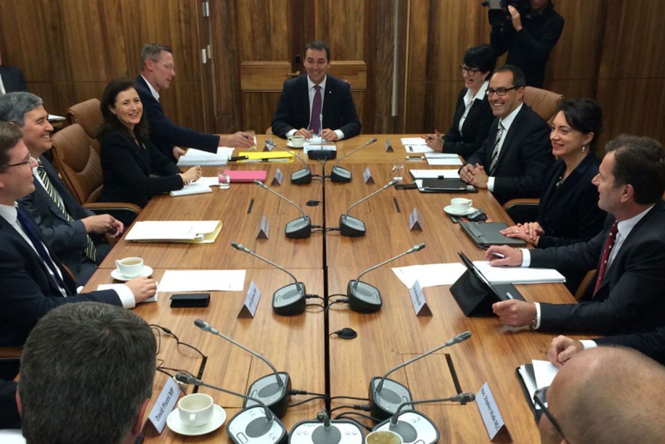 Steven Marshall leads the first meeting of his new Shadow Cabinet. Photo: Bension Siebert/InDaily