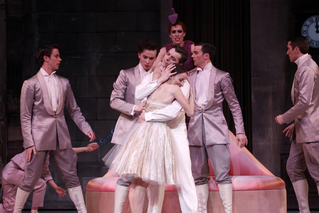 Kevin Jackson and Madeleine Eastoe with other Australian Ballet dancers in Cinderella. Photo: Jeff Busby