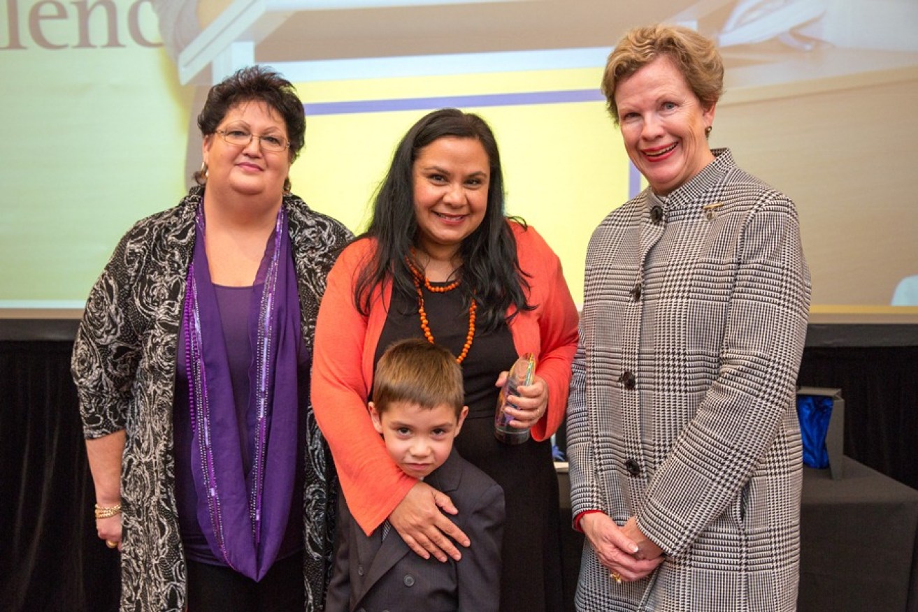 (L-R): Ms Sharron Williams, Chair of the Gladys Elphick Awards Committee, Ms Simone Tur, her son Jack Tur-Martens and Mrs Liz Scarce, wife of the Governor of South Australia.