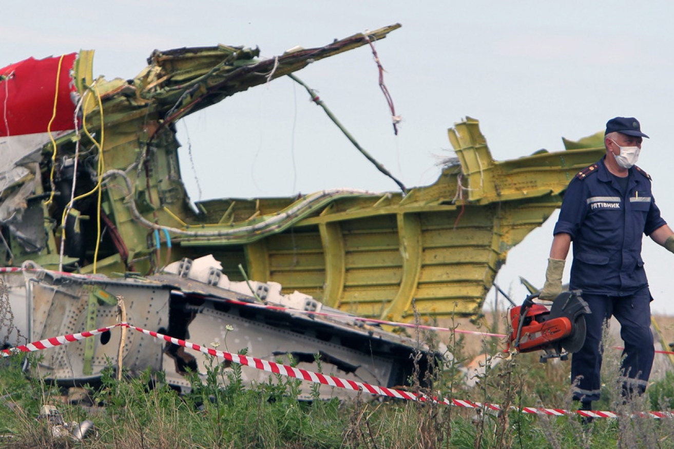 A Ukrainian worker inspects the main crash site of the Malaysia Airlines flight MH17. Photo: AAP