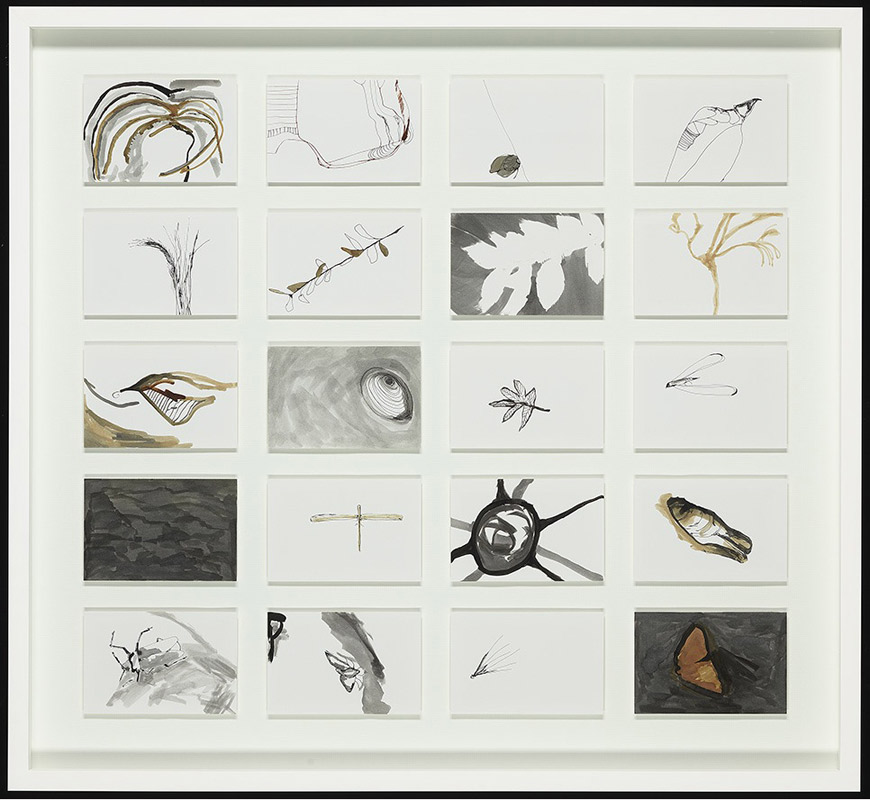 Works on Paper: Pamela French, NSW, for Studies from the shelf II, ink on system cards.