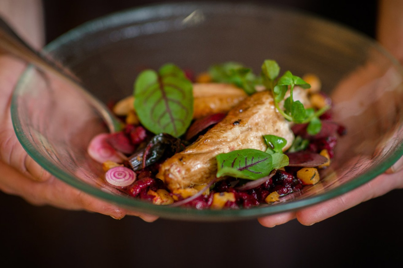 Lloyd Cremer's Poached and roasted chicken with beetroot spatzle. Photo: Nat Roger/InDaily