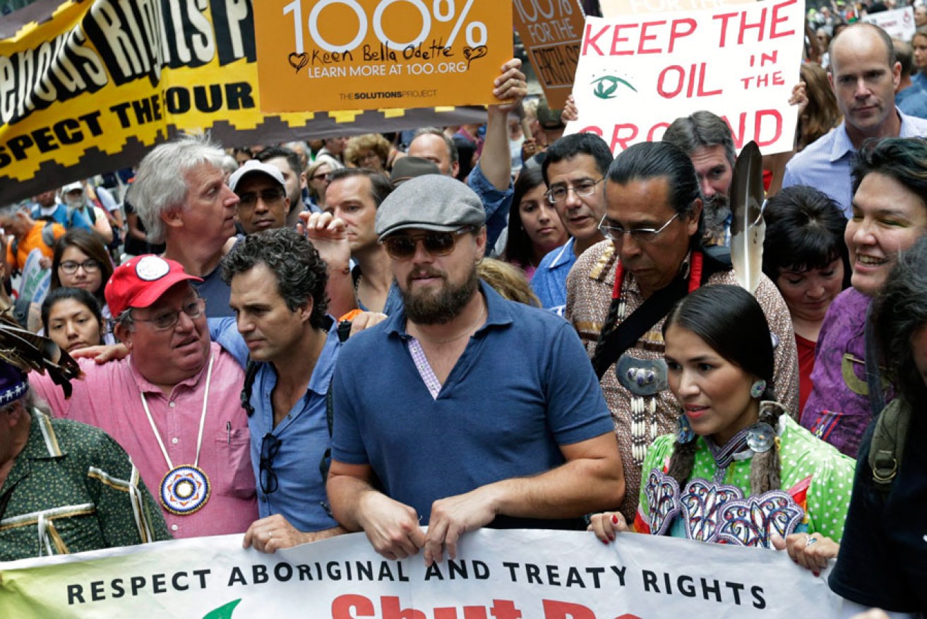 US actors Leonardo DiCaprio (centre) and Mark Ruffalo (to his left) at the 'People's Climate March' in New York.