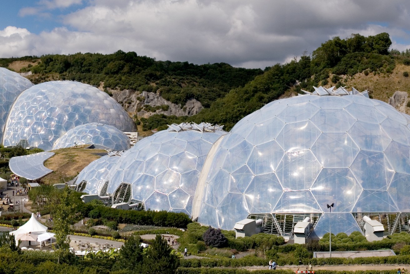 Artificial biomes house thousands of plants from around the world in the Eden Project in Cornwall, UK.