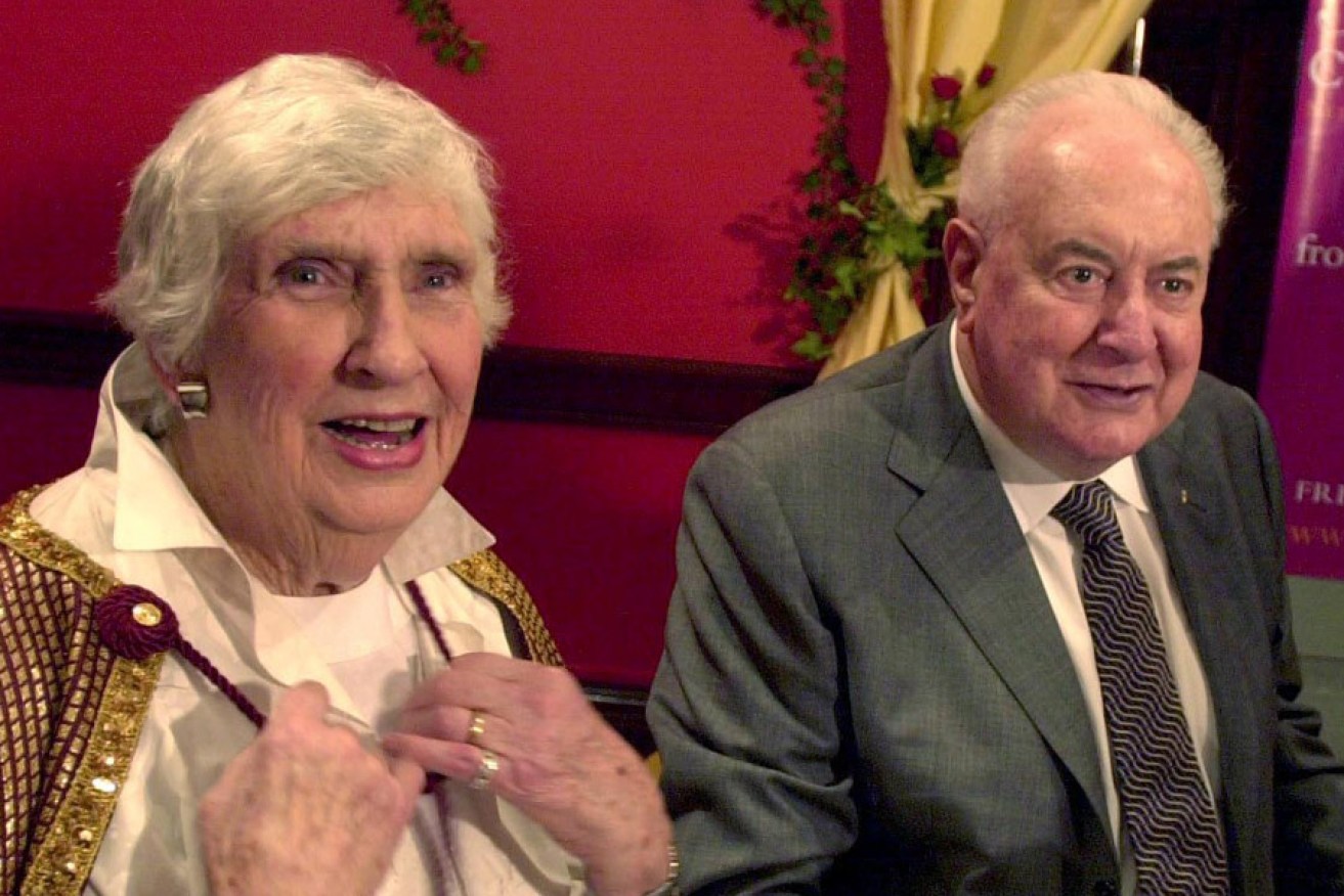 Margaret and Gough Whitlam at the launch of the Heritage Collection at the State Library of NSW in 2003, where they performed the balcony scene from Romeo and Juliet. Photo: AAP