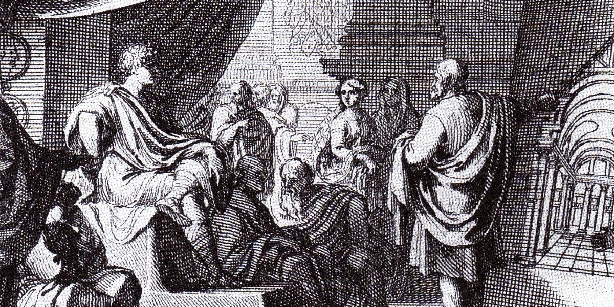A 1684 depiction of Vitruvius (right) presenting De Architectura to Augustus.