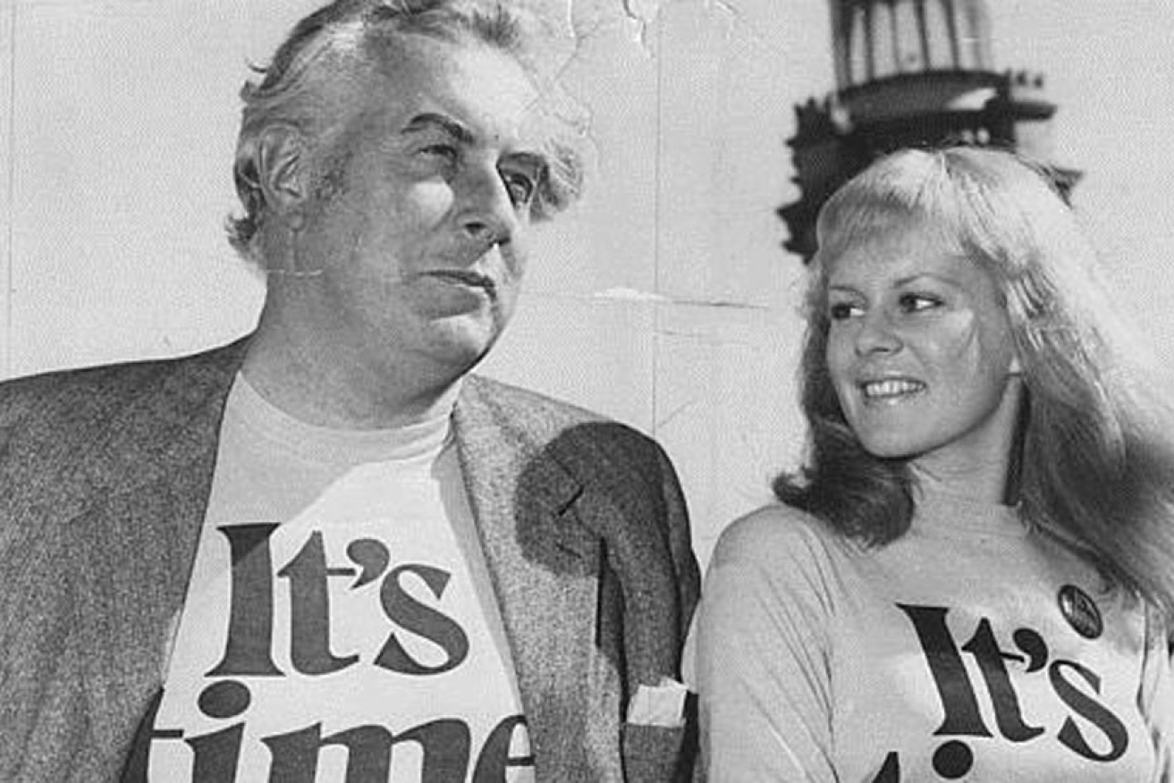 Gough Whitlam and singer Little Pattie wearing "It's time" t-shirts - a campaign devised by South Australian Mick Young.