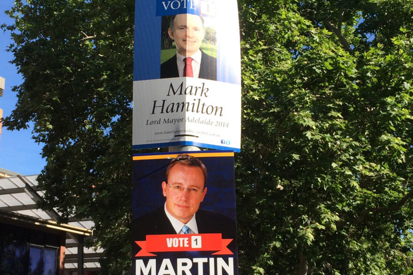 Lord Mayoral campaign posters sharing a pole on Frome Road.