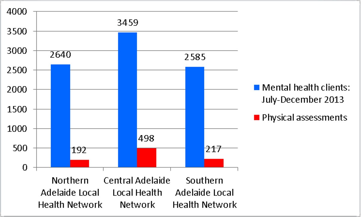 The number of mental health clients seen in the second half of 2013 and the number of physical assessments conducted.