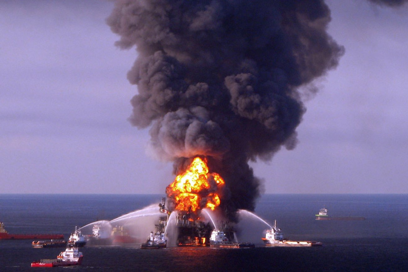 The blazing remnants of the BP operated off shore oil rig, Deepwater Horizon, in the Gulf of Mexico in 2010.
